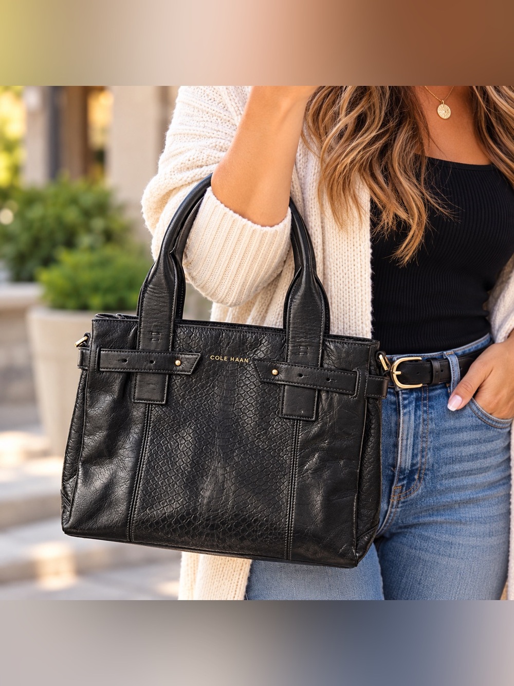 Cole Haan Black Leather Satchel Tote Embossed Structured Handbag